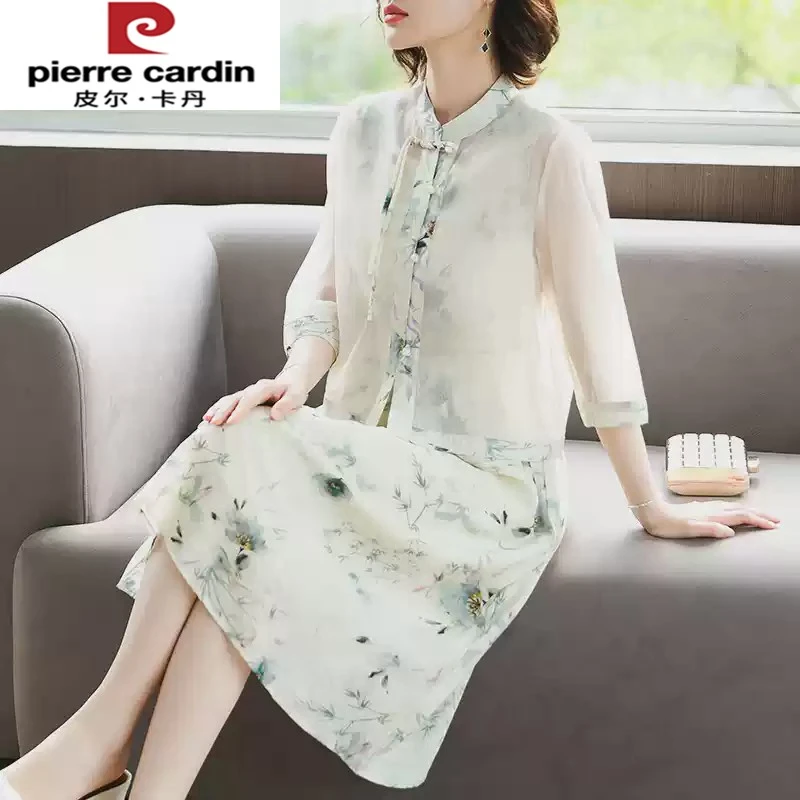 皮尔卡丹妈妈夏装冰丝连衣裙洋气时尚新款中老年女装新中式两件套