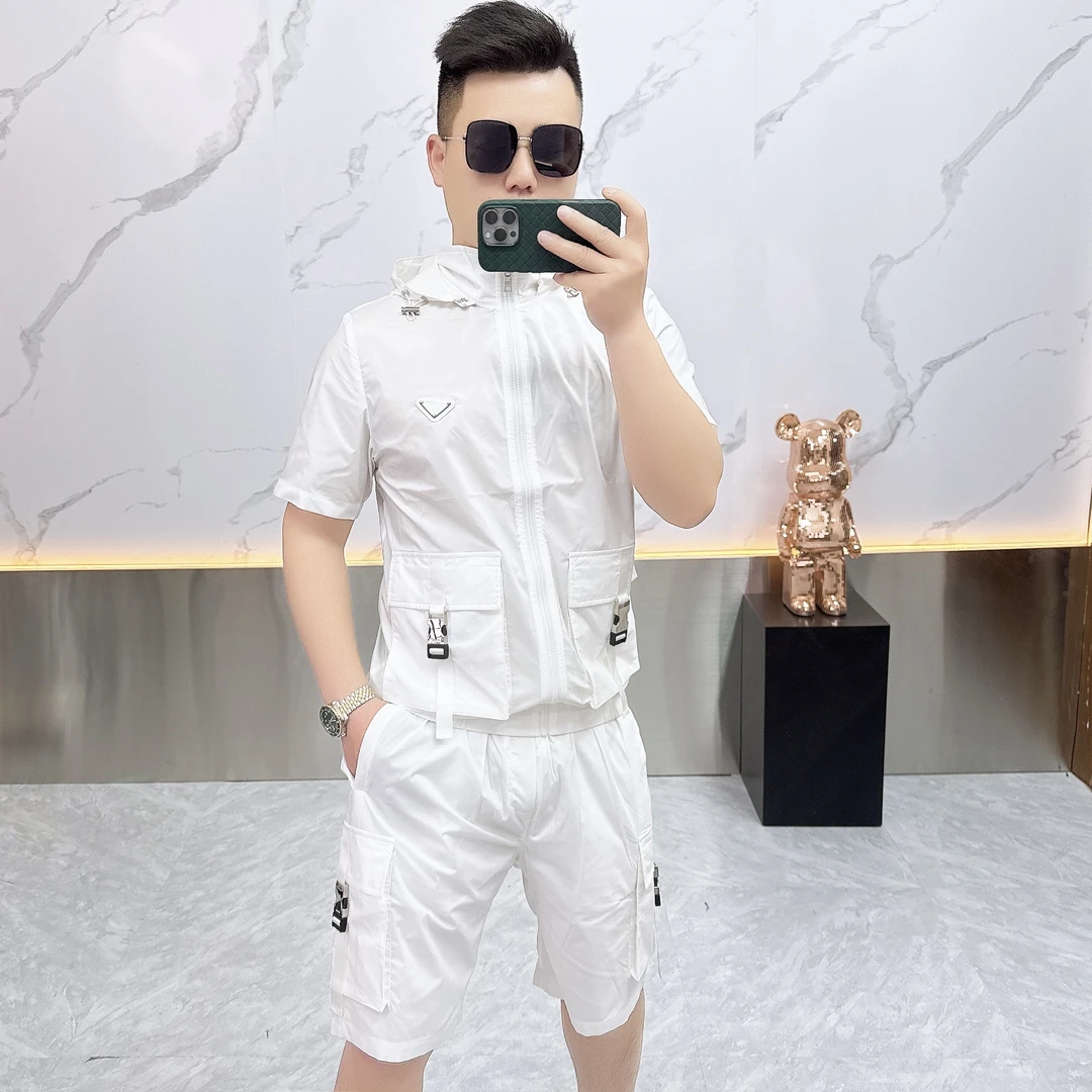 2025夏季潮牌欧货个性纯色连帽运动套装男时尚修身短袖短裤两件套