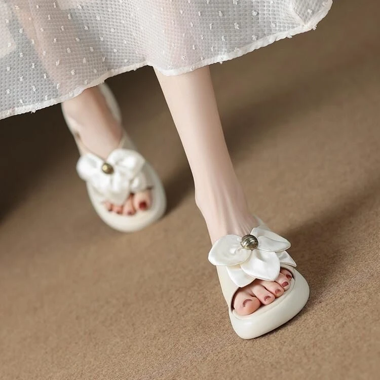 A909夏季新款花朵露趾凉拖鞋女外穿百搭软皮拖鞋女增高底一字拖鞋