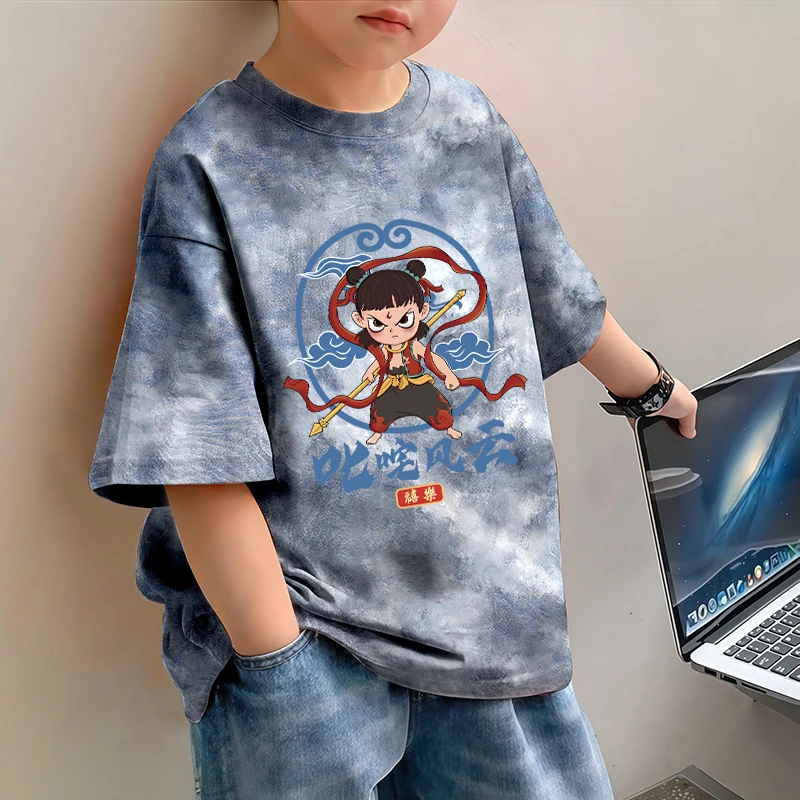 潮哪吒印花短袖T恤儿童中大童纯棉宽松休闲夏季男童2025新款上衣