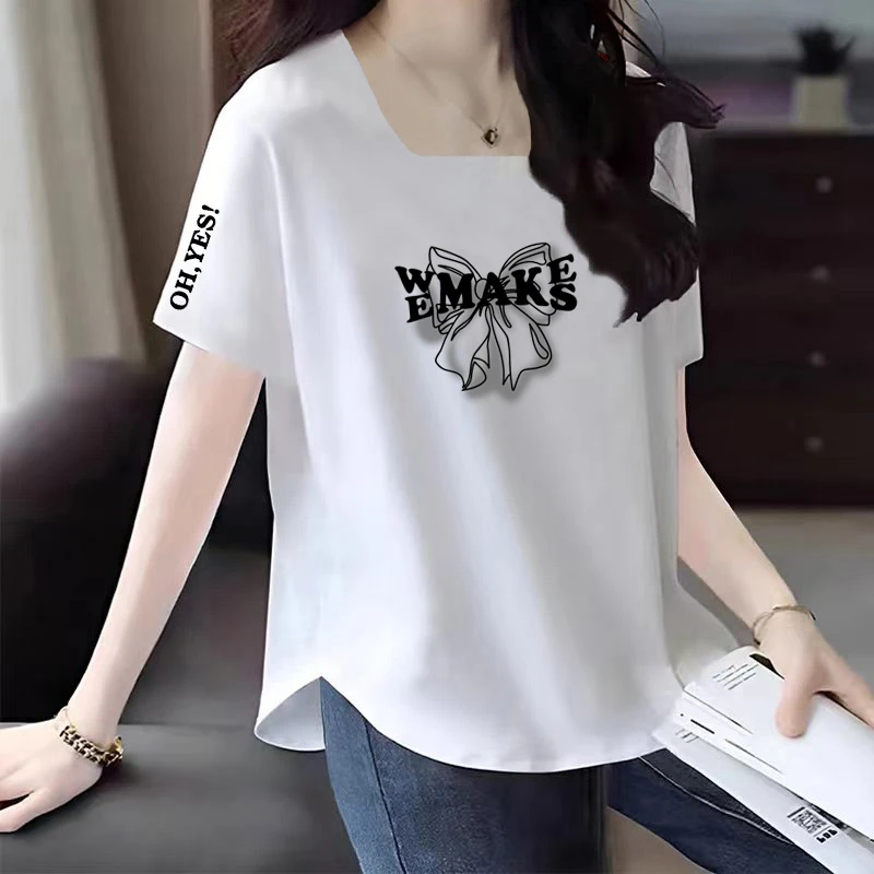 夏季新款圆弧下摆设计感休闲大码宽松显瘦洋气短袖正肩方领T恤女