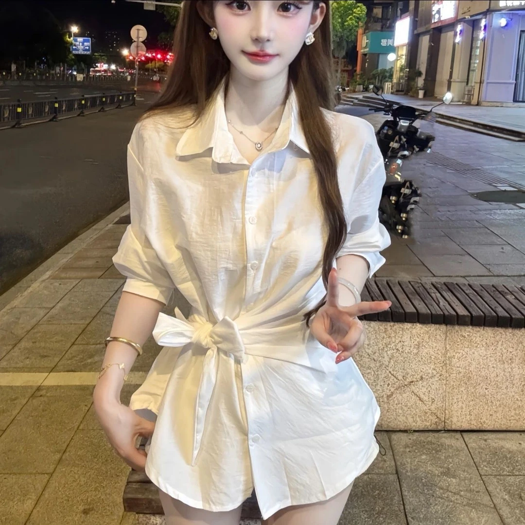 法式不规则绑带收腰翻领长袖衬衫女秋季新款小个子独特绝美上衣