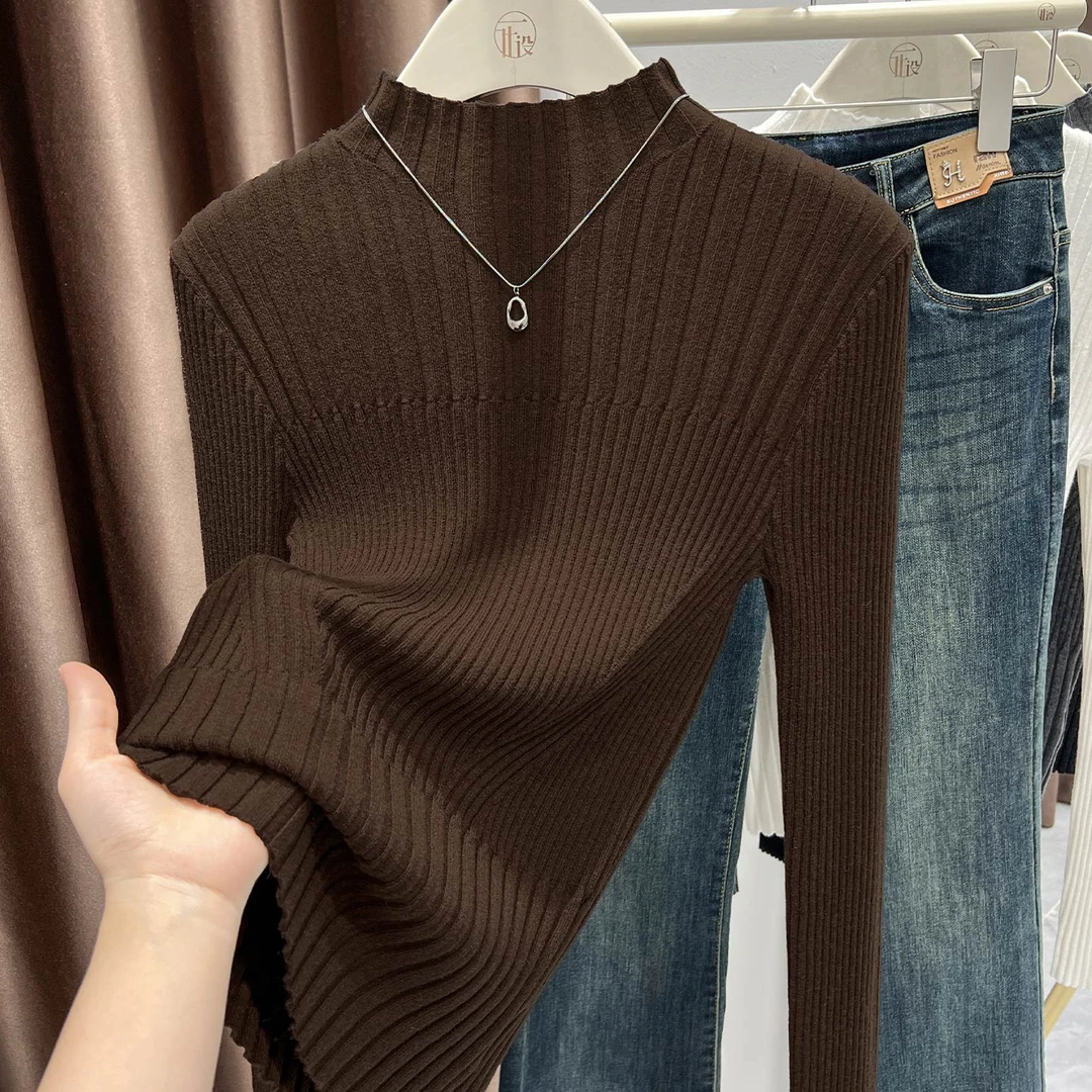 2025秋冬爆款咖色正肩半高领长袖针织衫洋气上衣女时尚内搭打底衫