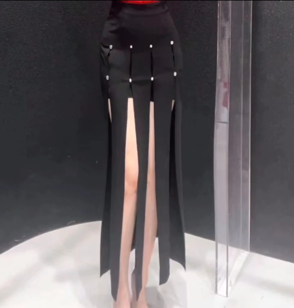 2938-B-3-8-2法式黑色流苏设计感时髦优雅轻奢高级感高腰半身裙