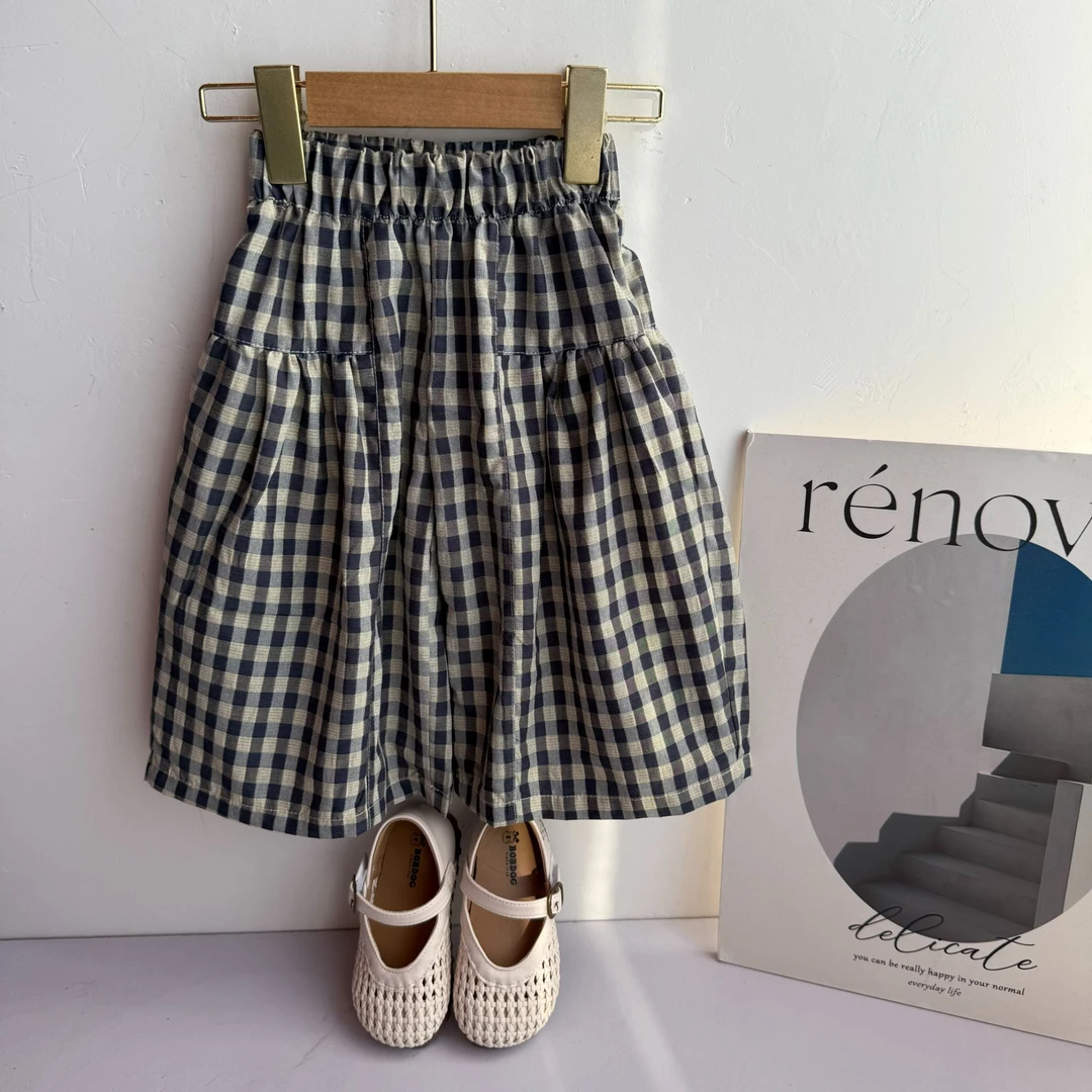 2025夏季新品童裤女童休闲韩版简约复古松弛慵懒格子九分阔腿裤子