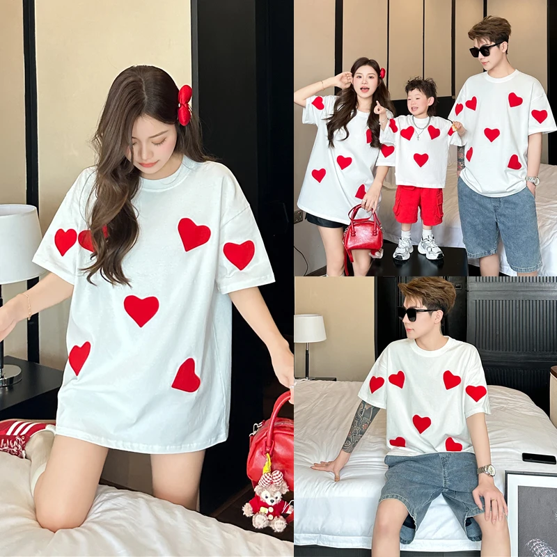 亲子装2025夏装新款一家三口爱心短袖T恤儿童婴童爬服连体衣7709