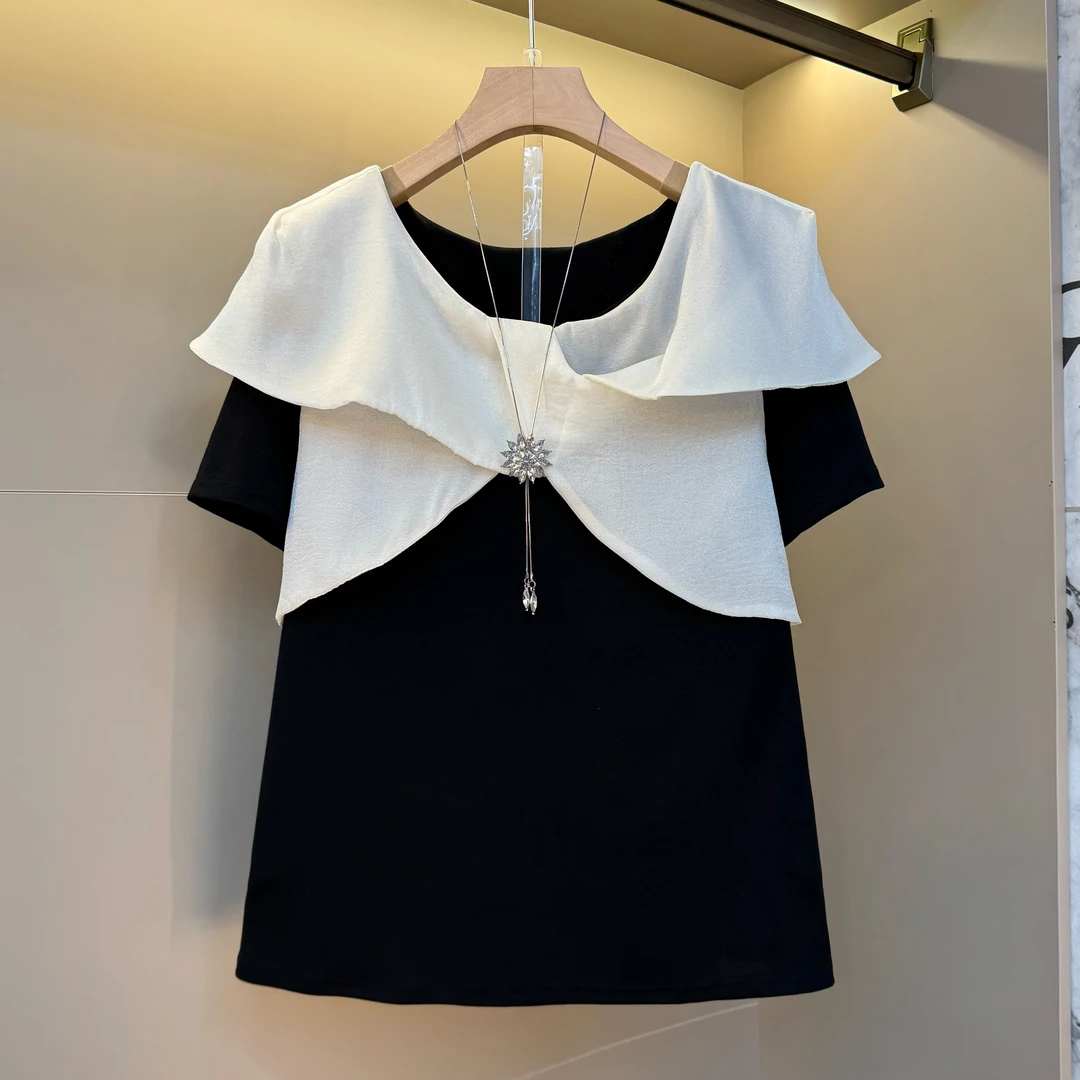 法式荷叶边蝴蝶结领2025夏新款小女人味设计感减龄显瘦上衣8170