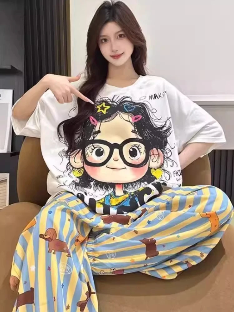 【DMXJ大梦想家】韩系睡衣女夏季短袖长裤卡通卷发女孩家居服两件套