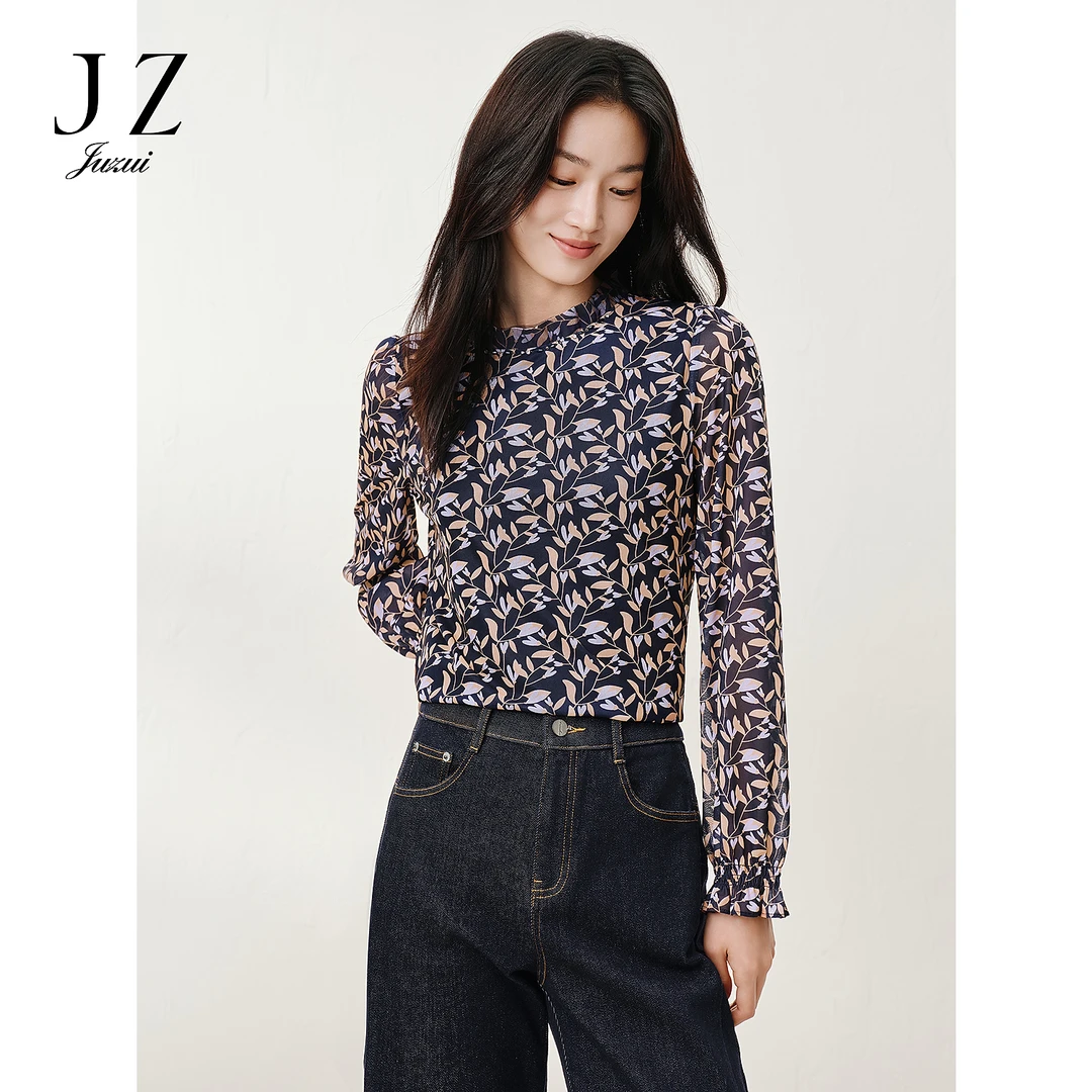 JUZUI玖姿JTFQ80101优雅复古网布撞色印花立领上衣女2025秋季新款