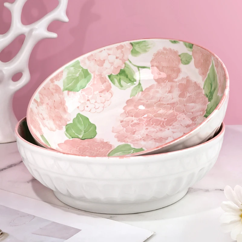 【孟垣】映山红系列粉色团花绣球花2个装9英寸陶瓷釉下彩汤盆和面盆