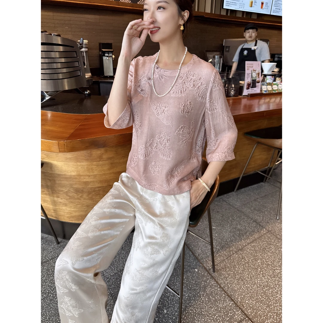 【深圳罗依】原创真丝衬衫女扎染桑蚕丝花罗提花斜襟七分袖圆领上衣