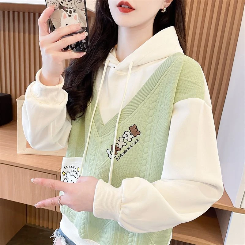 学院风撞色拼接假两件连帽薄款卫衣女春秋新款韩版宽松百搭上衣潮