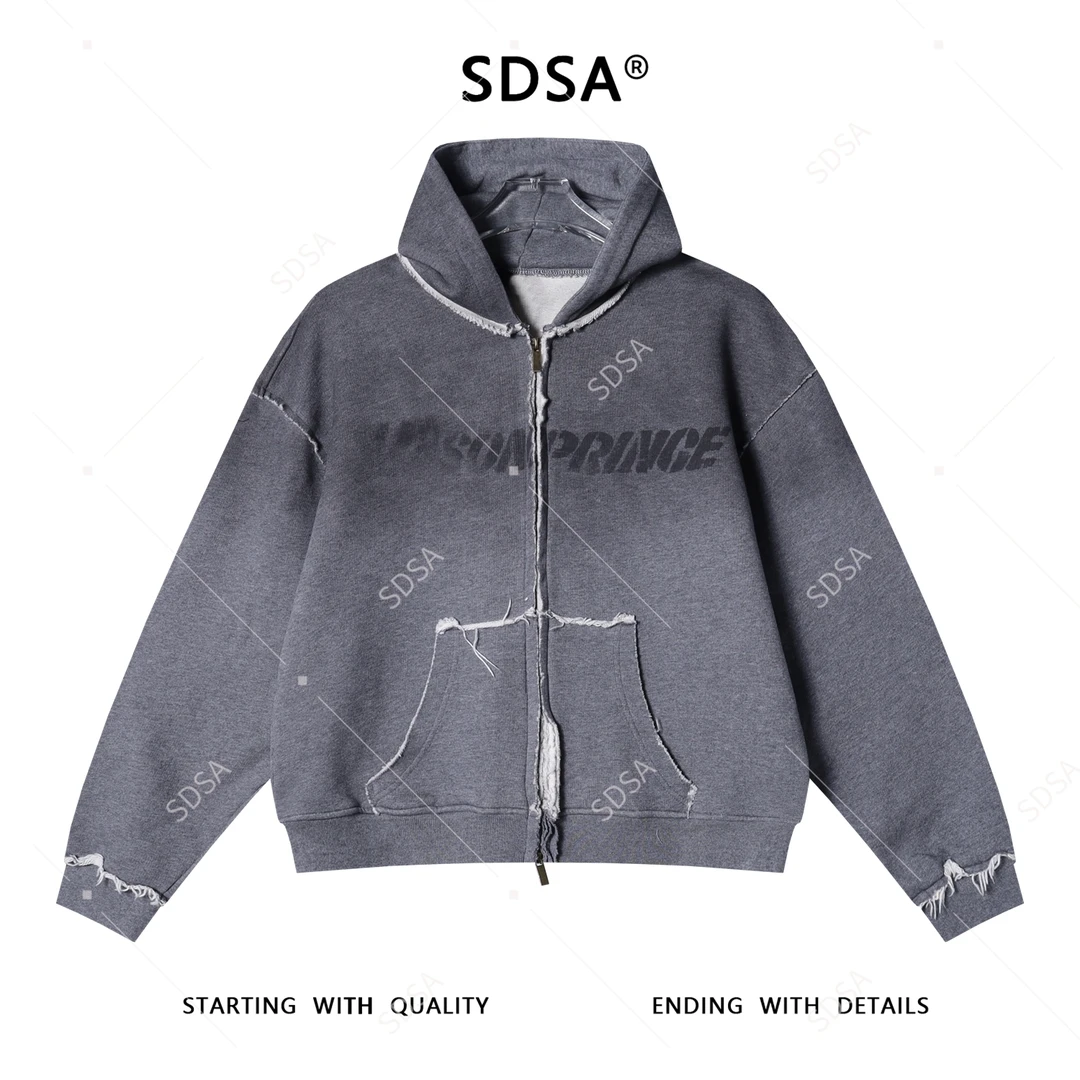 SDSA秋冬新款痞帅男装美式渐变字母印花磨边拉链连帽卫衣百搭宽松
