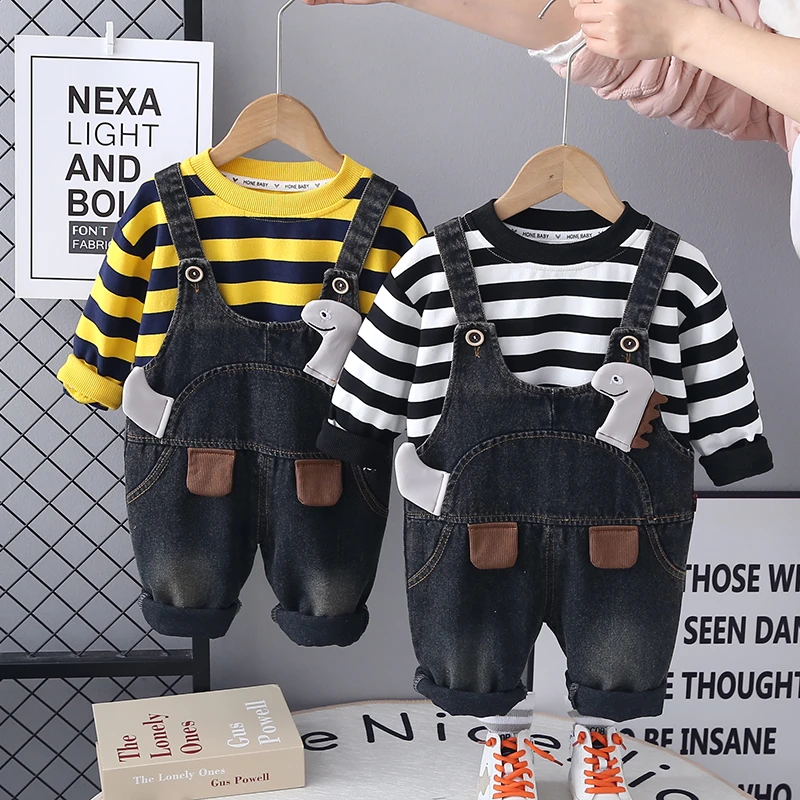 背带新款童装0-3周岁男宝新款春秋韩版2条纹套装中小童牛仔休闲装