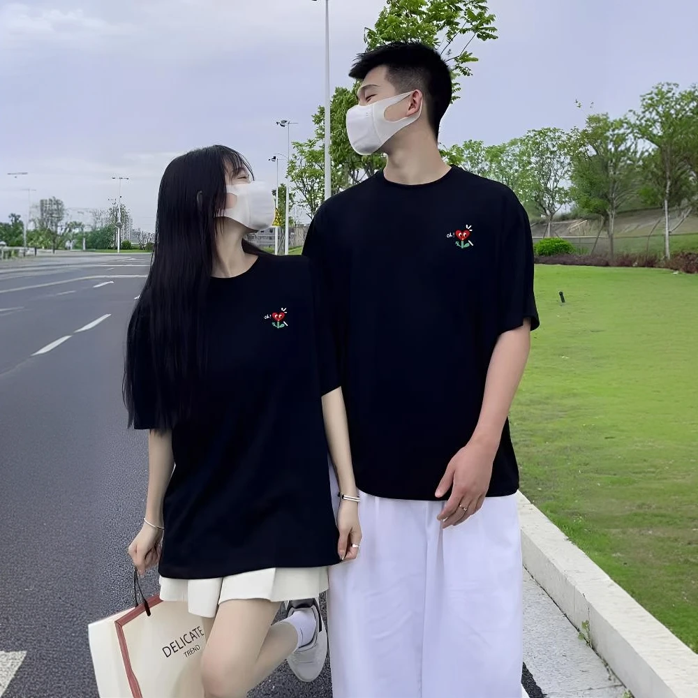 爱米桃心 美式花卉印花纯棉短袖情侣夏季宽松休闲圆领半袖男女t恤