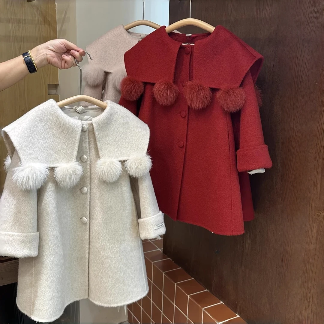 女童毛球单排扣2025秋冬季新款韩版中大童大翻领圆领纯色毛呢大衣