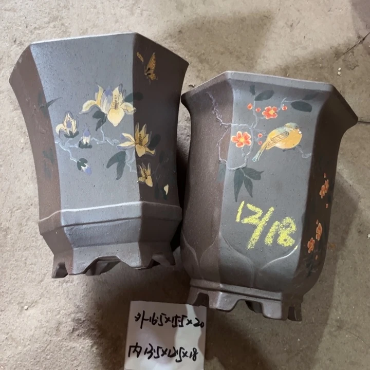 花盆紫砂 微瑕紫泥高温彩绘六方1组