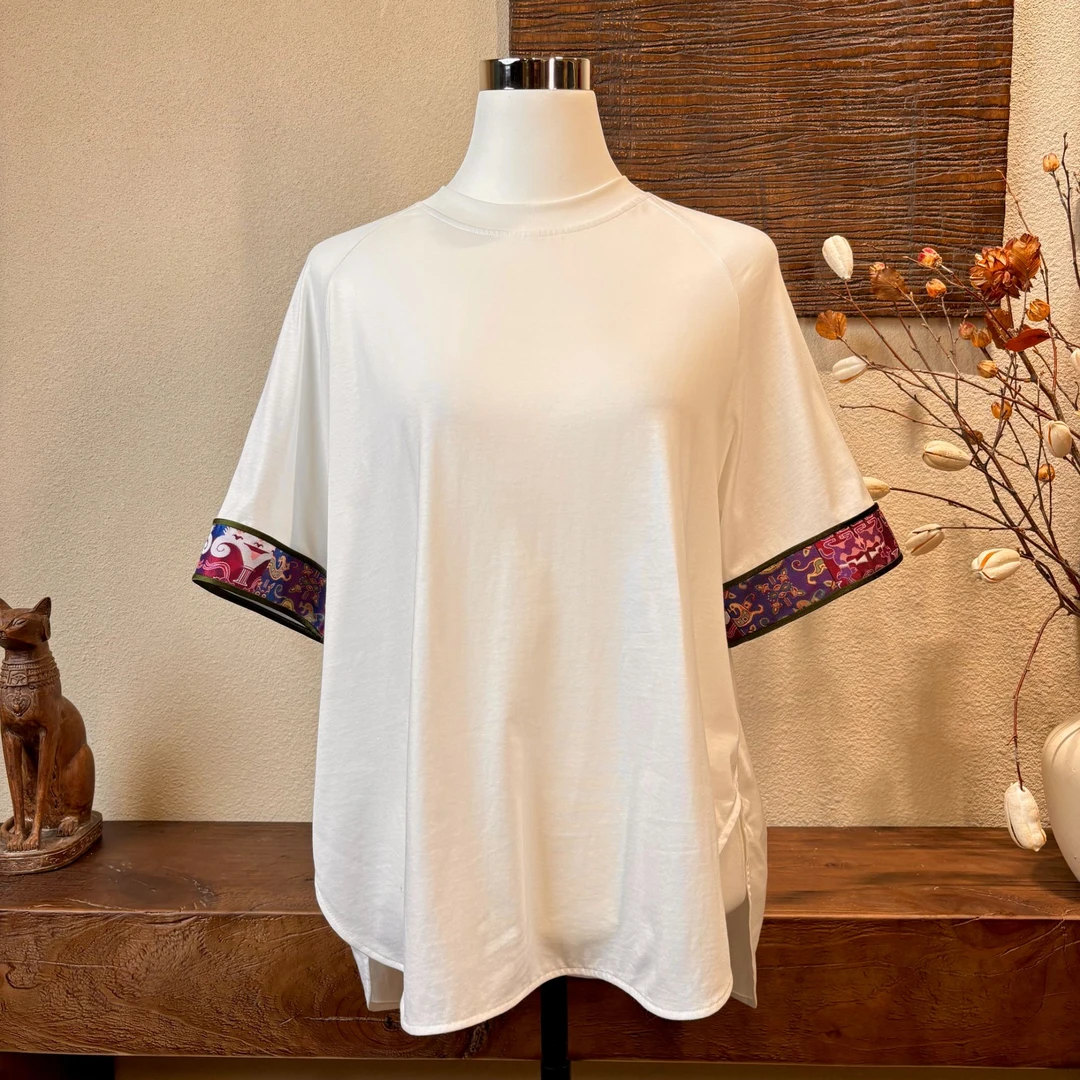 新中式桑蚕丝棉撞古蜀锦张和才5A桑蚕丝宽松休闲女装T恤250322