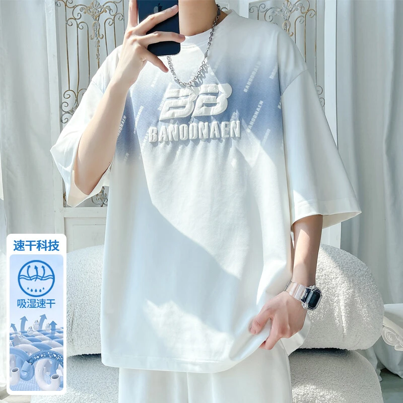 2025夏季新款潮流半袖帅气宽松休闲圆领短袖t恤男装印花衣服