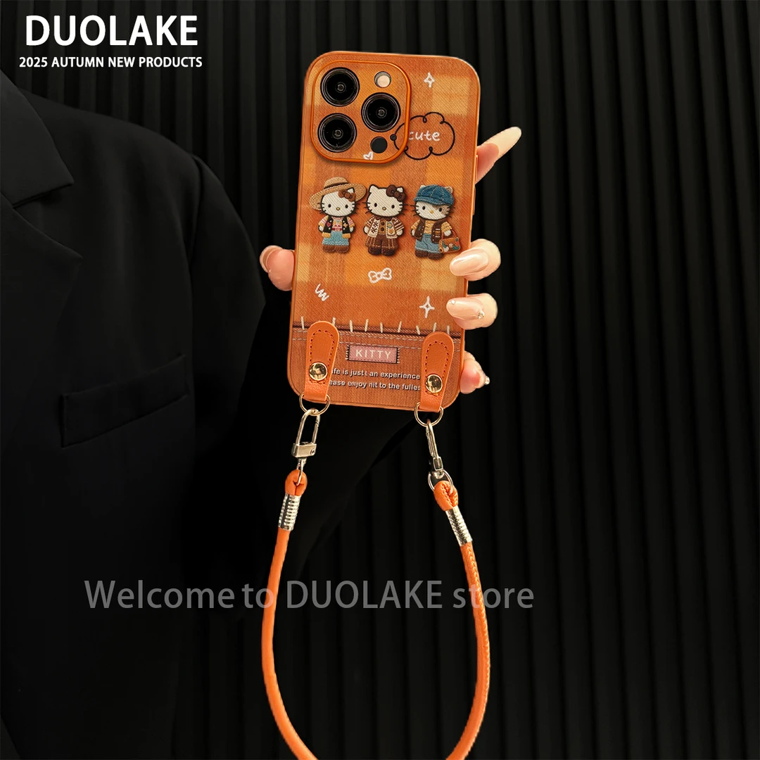 可爱kt猫适用苹果vivo华为oppo小米iPhone17金属漆橙十字纹手机壳