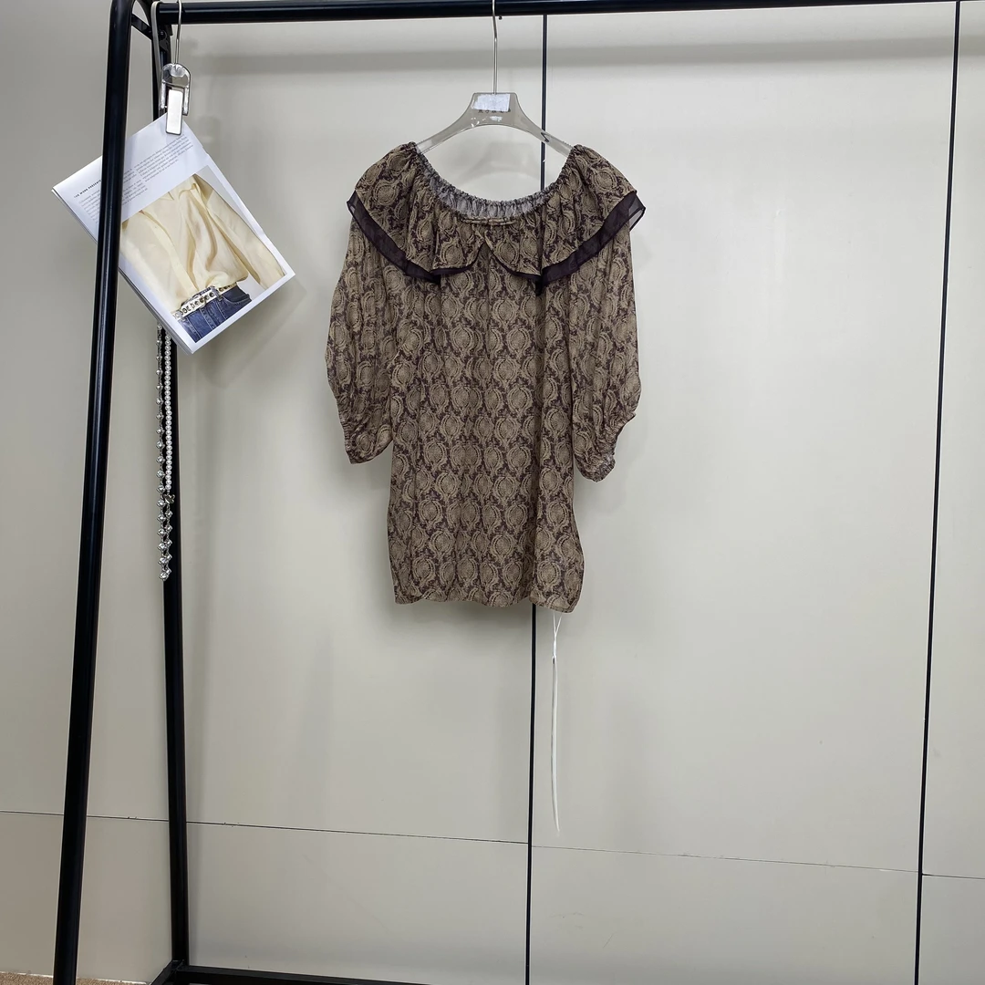 【燕子在南油】衣长65夏季时尚百搭复古印花木耳边减龄简约衬衫3795