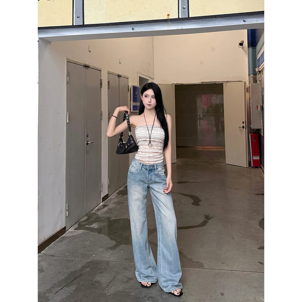 IFMR 夏季新款怀旧蓝色低腰时尚休闲小众复古直筒阔腿牛仔裤女