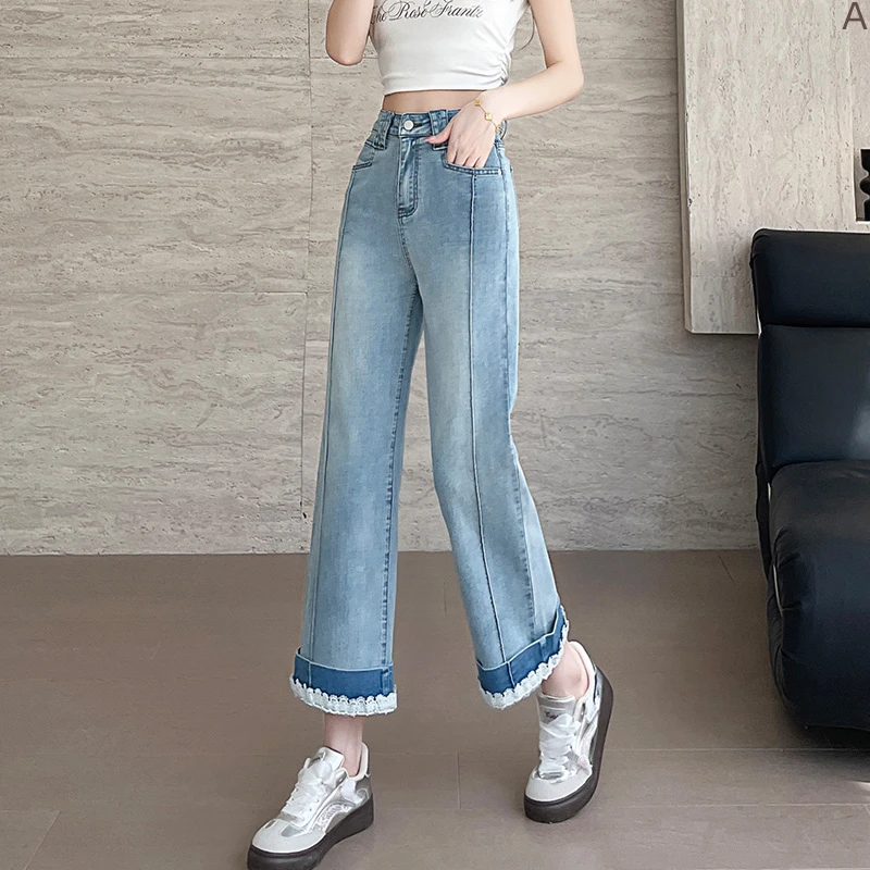 #3550高腰直筒牛仔裤女夏季新款阔腿牛仔裤高端复古蓝八寸服饰坊