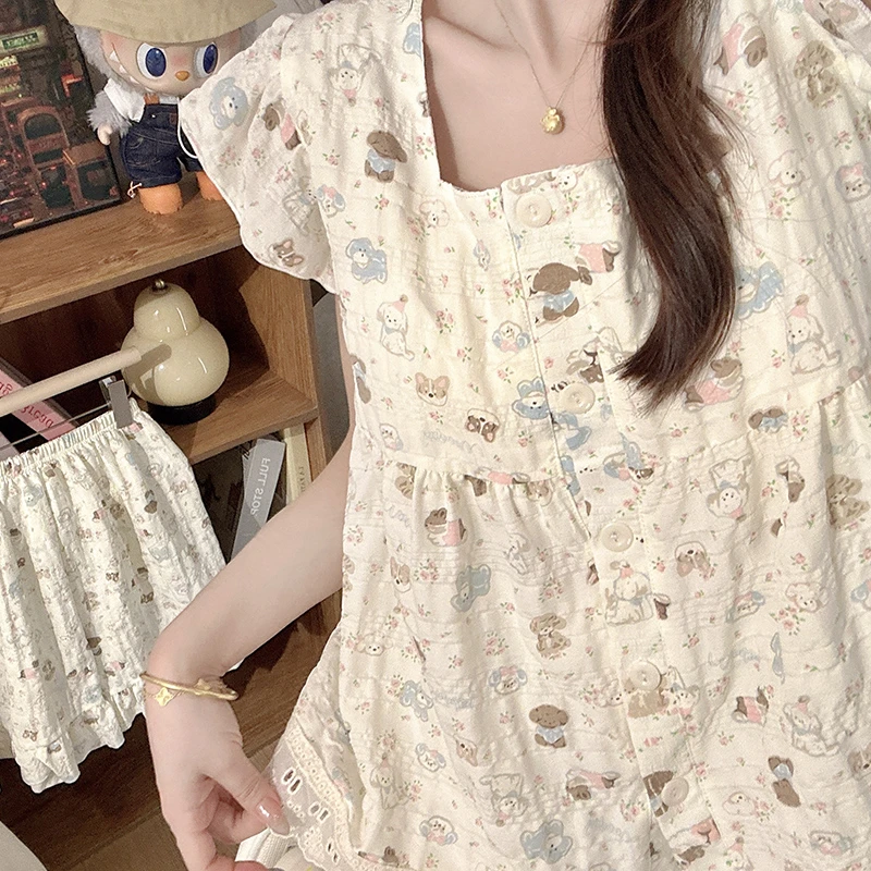 方领彩绘狗狗吊带睡衣女夏季带胸垫一体小飞袖少女学生宽松家居服