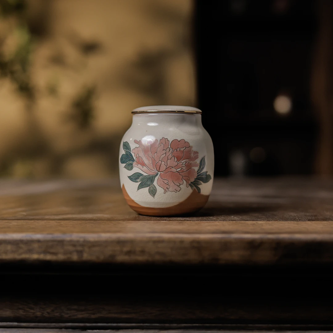 【悦生活】粉引茶叶罐玫瑰高9cm宽5.5cm（Q0140）