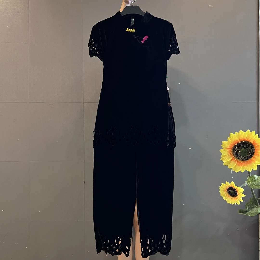 新中式复古丝绒套装短袖显瘦上衣搭配阔腿裤两件套