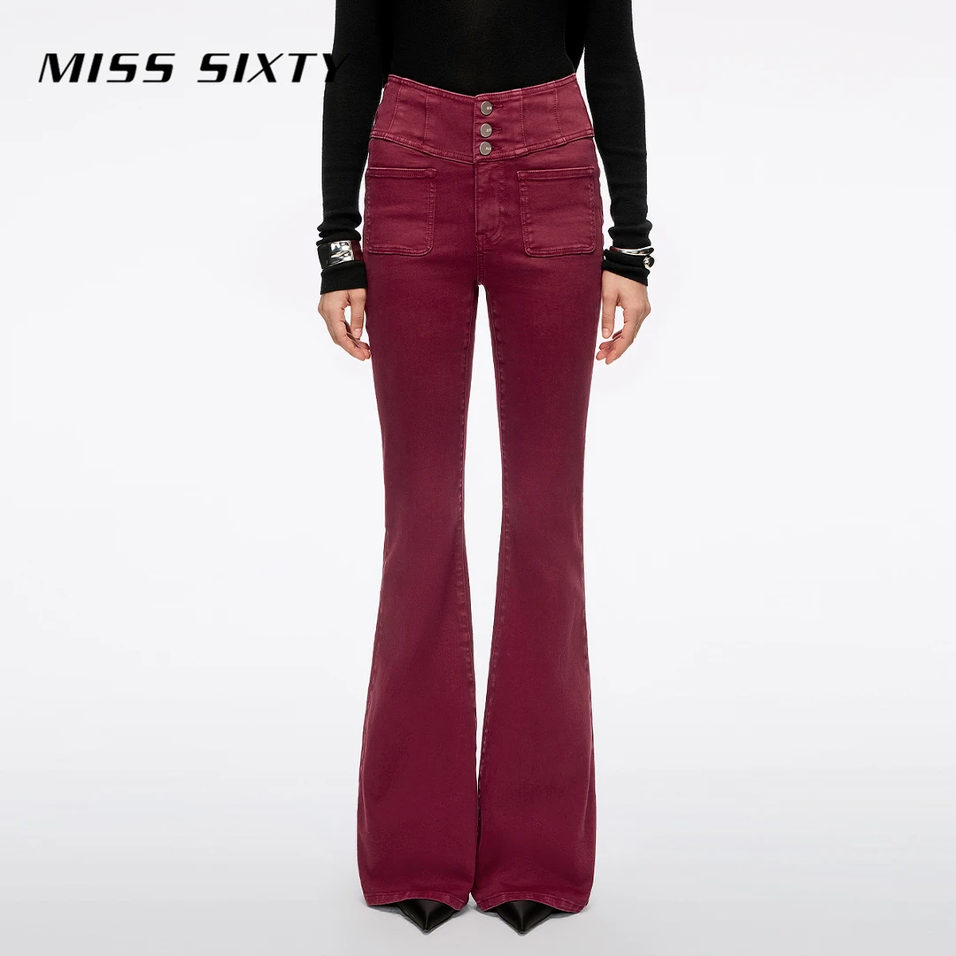 Miss Sixty2025冬季新款牛仔裤女V型腰玛瑙红显瘦超模裤喇叭裤