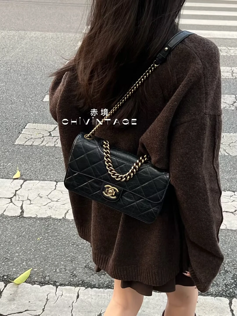 95新 Chanel/香奈儿 4091 黑金硬版孟买单肩包小号13-14