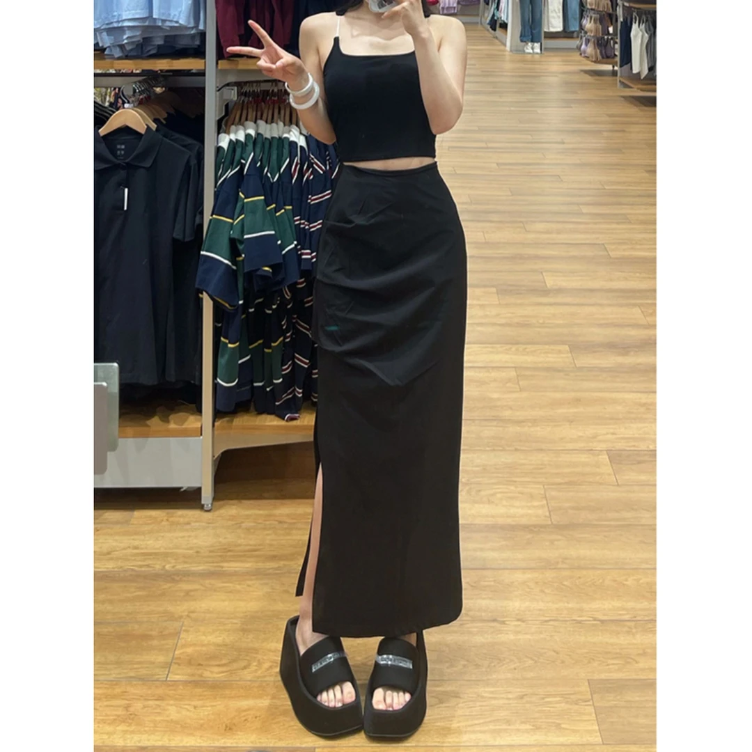 洋气休闲装复古开叉半身裙女2025夏季新款中长款修身显瘦高腰百搭