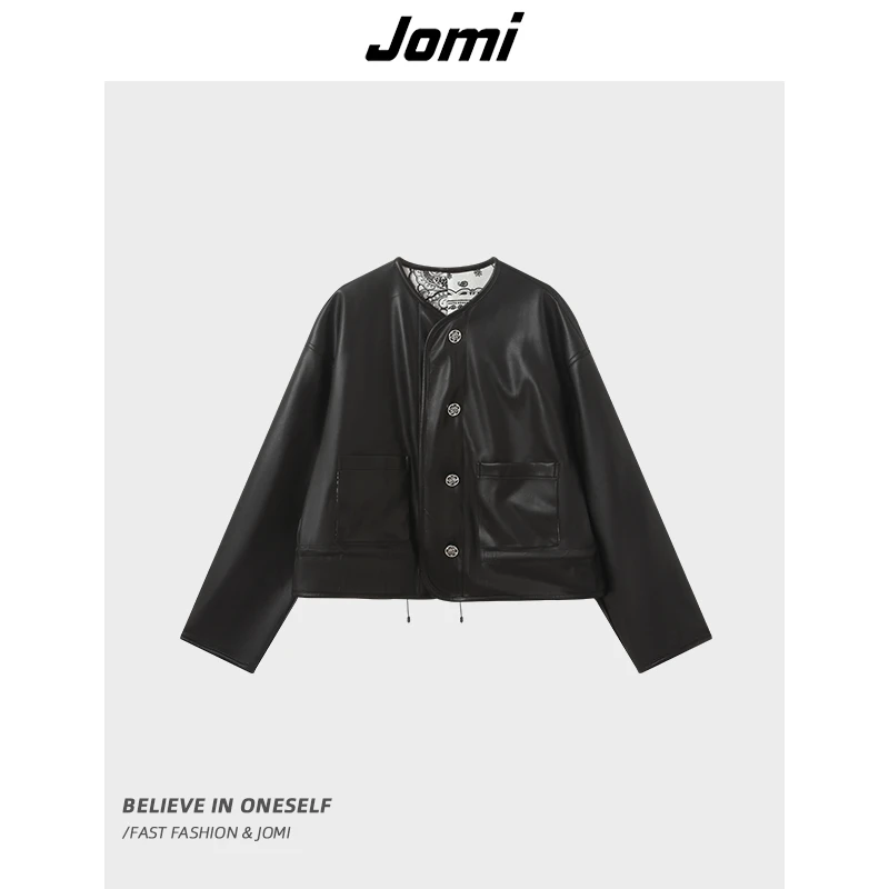 JOMI潮流印花两面穿宽松皮衣女秋新款拉链休闲短款外套