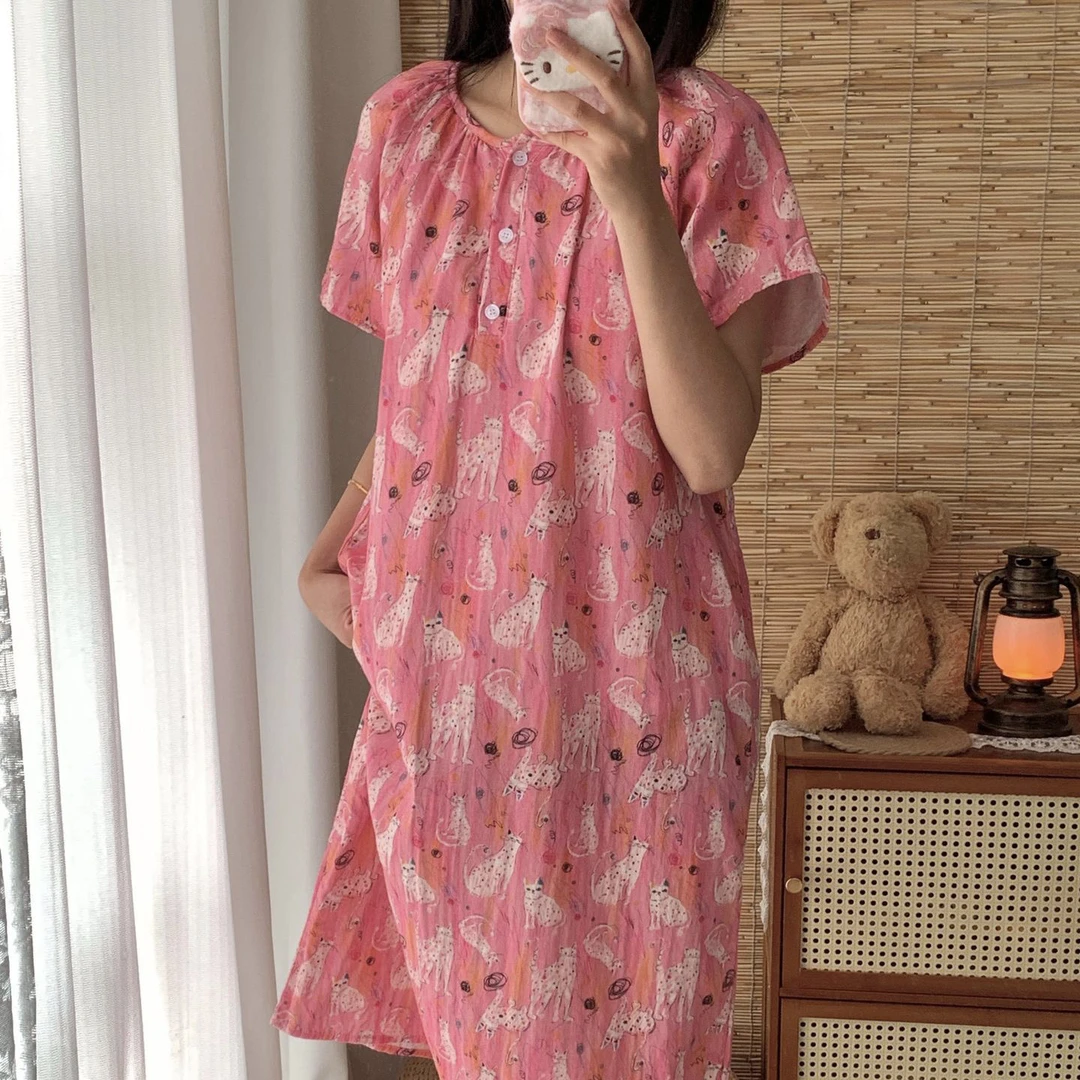 睡个好觉 涂鸦彩点猫短袖睡裙 25夏季新款纯棉双层纱短袖睡裙女薄