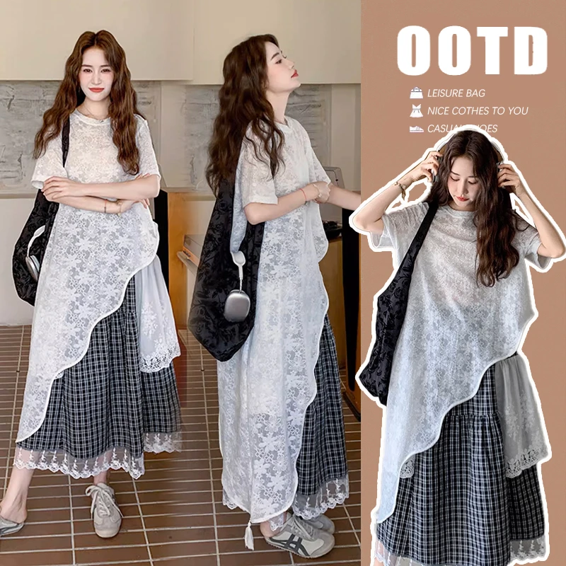 孕妇蕾丝上衣格子半身裙两件套设计感慵懒风松弛感穿搭贵气感御姐
