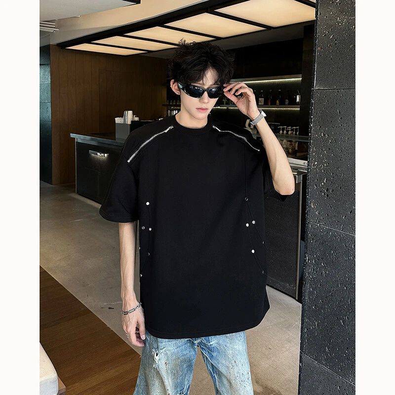 黑色解构拉链短袖男款夏季美式复古小领口半袖小众设计感正肩T恤