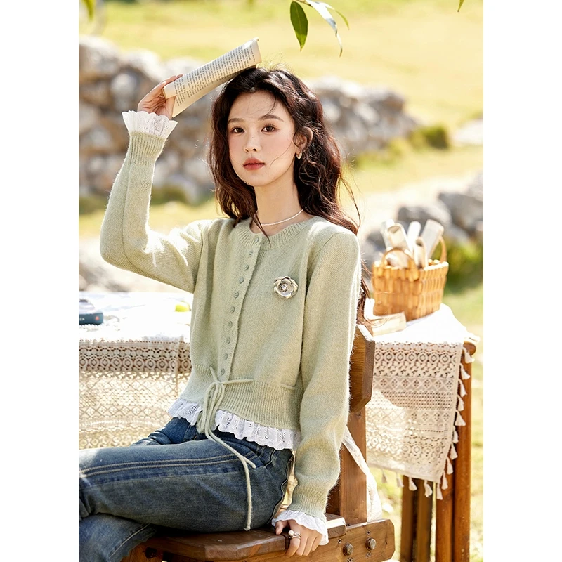 谜秀淑女早春立体花朵针织女设计感韩系荷叶边系带毛衣衫上衣春秋