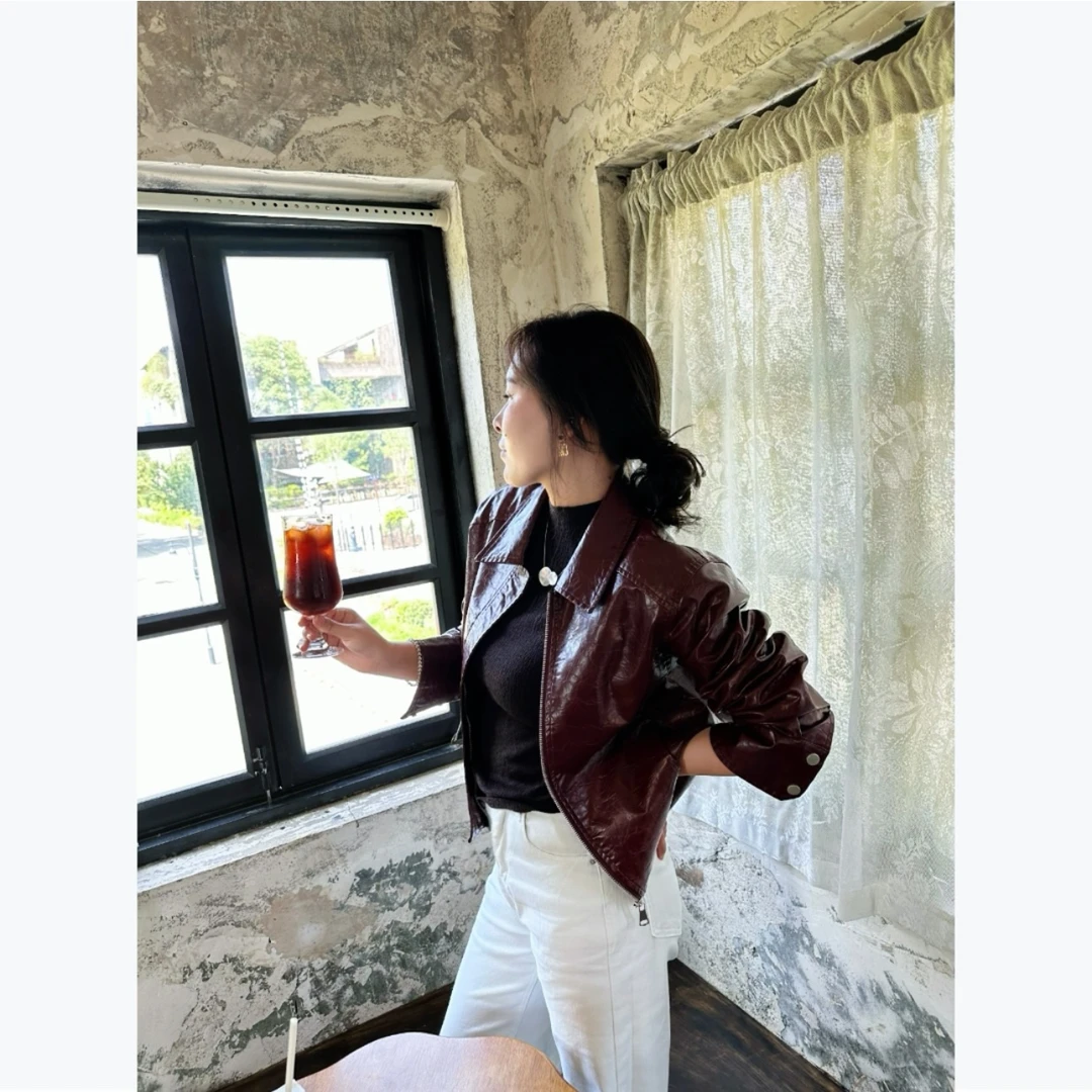 红咖色短款翻领长袖短外套百搭宽松甜辣千金风