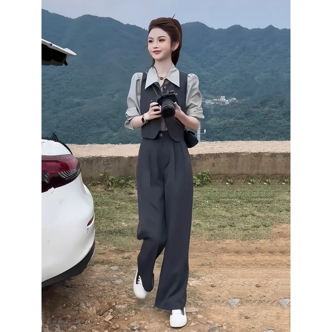 【.万人收藏】小个子减龄气质套装女春季新款长袖衬衫马甲