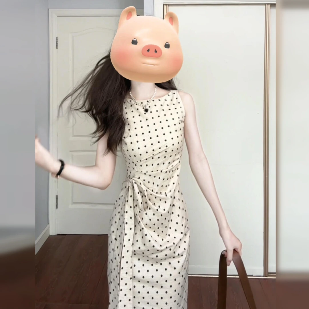 法式无袖波点连衣裙子女夏季2025新款海边度假高级感气质收腰长裙