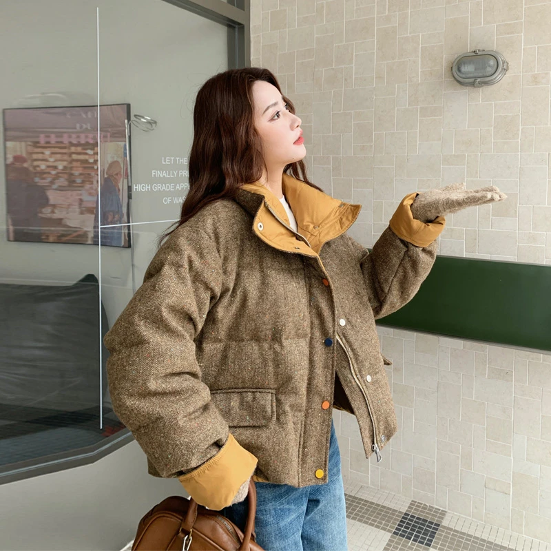 毛呢拼接撞色羽绒服2025冬季新款时尚百搭短款ins风白鸭绒面包服