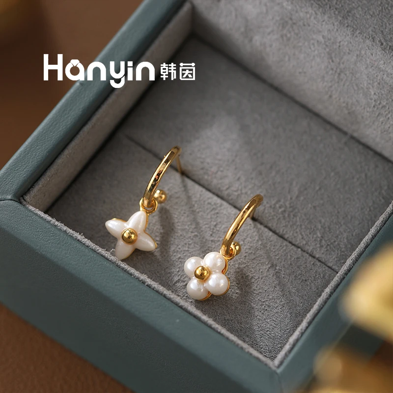 铜合金仿珍珠耳饰 925银针AB款四叶草C形耳钉AAA