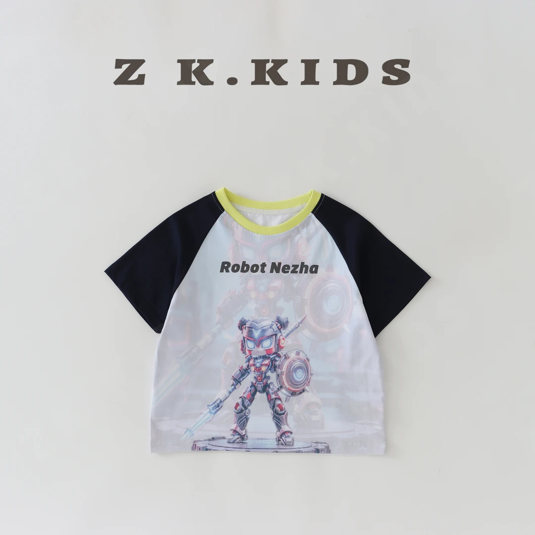 【幼棉光年】夏季男童休闲百搭印花插肩袖T恤洋气圆领W-1220721