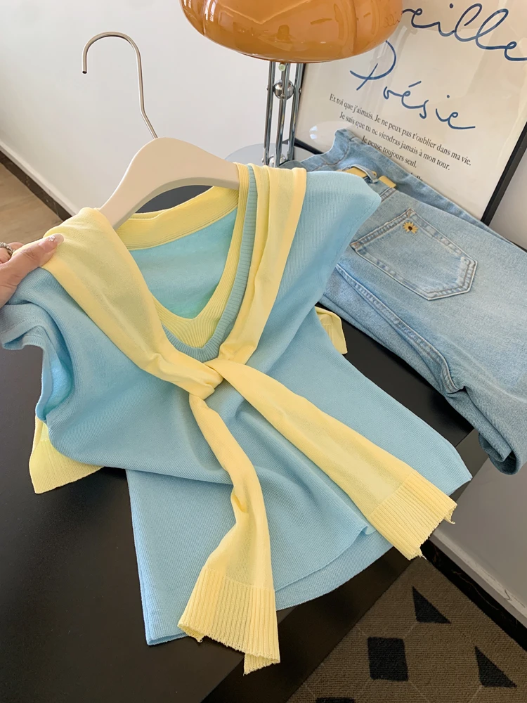 假两件拼接蓝色短袖t恤女韩里韩气设计感小众多巴胺上衣2025新款