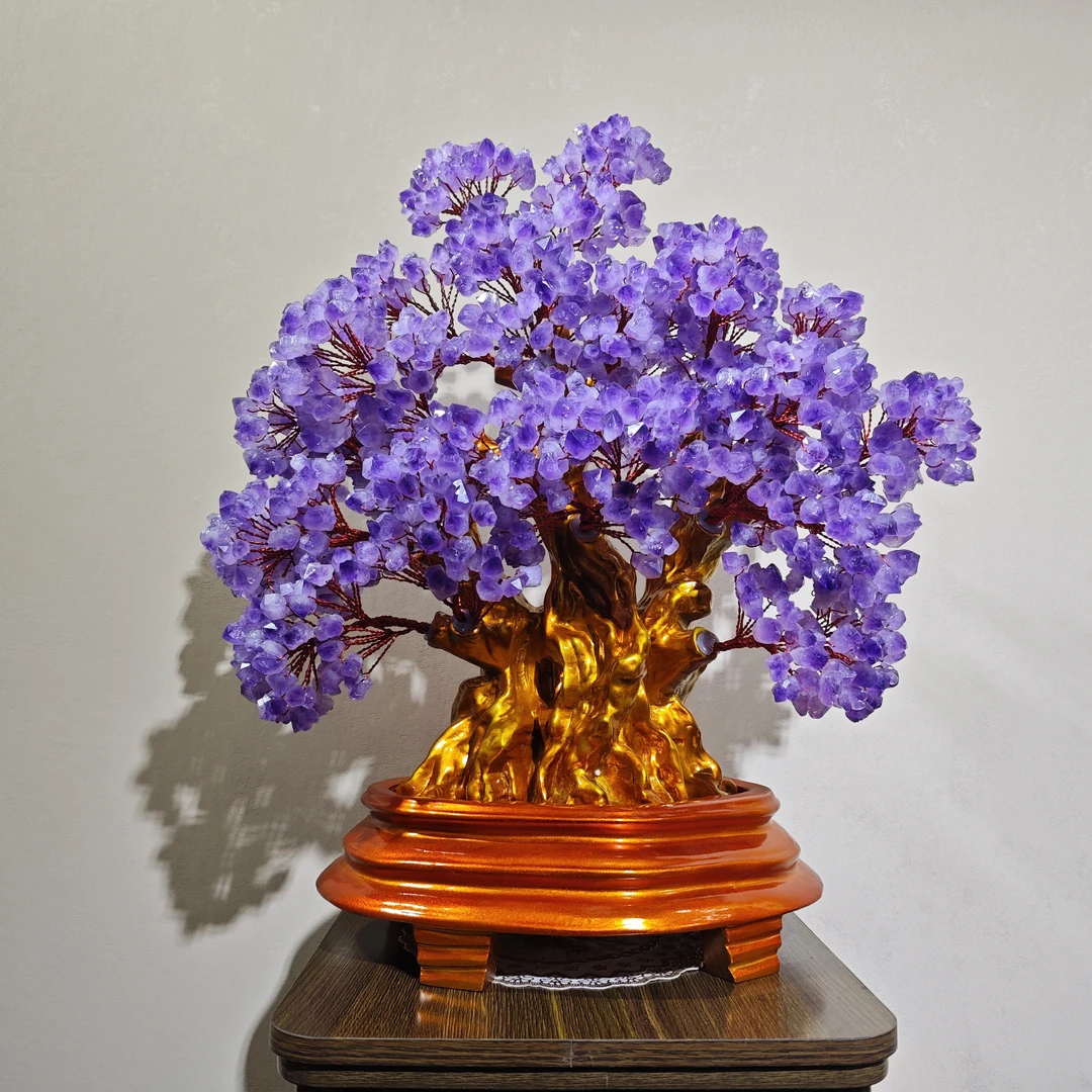 实木净透天然紫水晶（黄水晶）树家居办公摆件