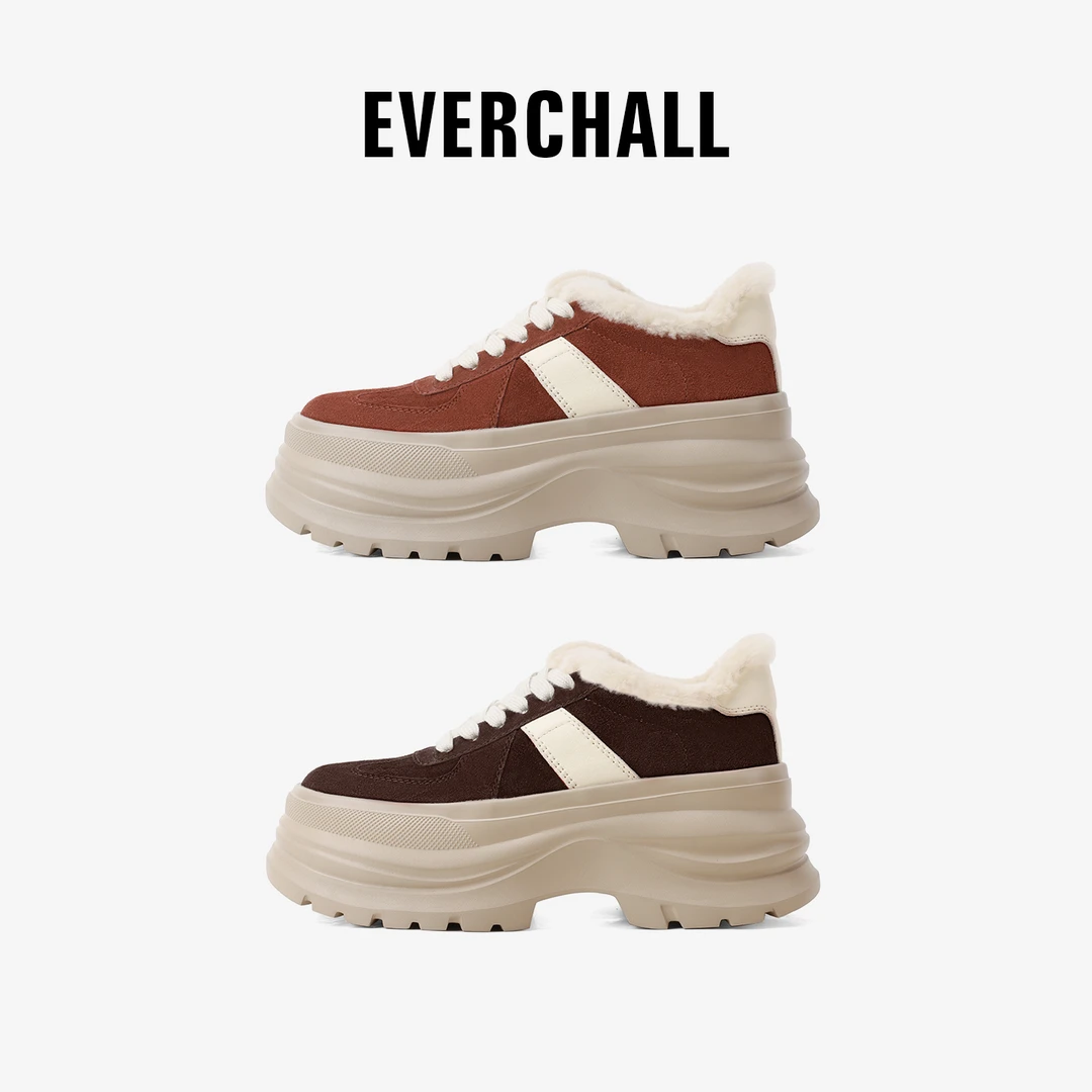 EVERCHALL2026新7cm时尚松糕厚底休闲鞋加绒保暖低帮女鞋徳训ins