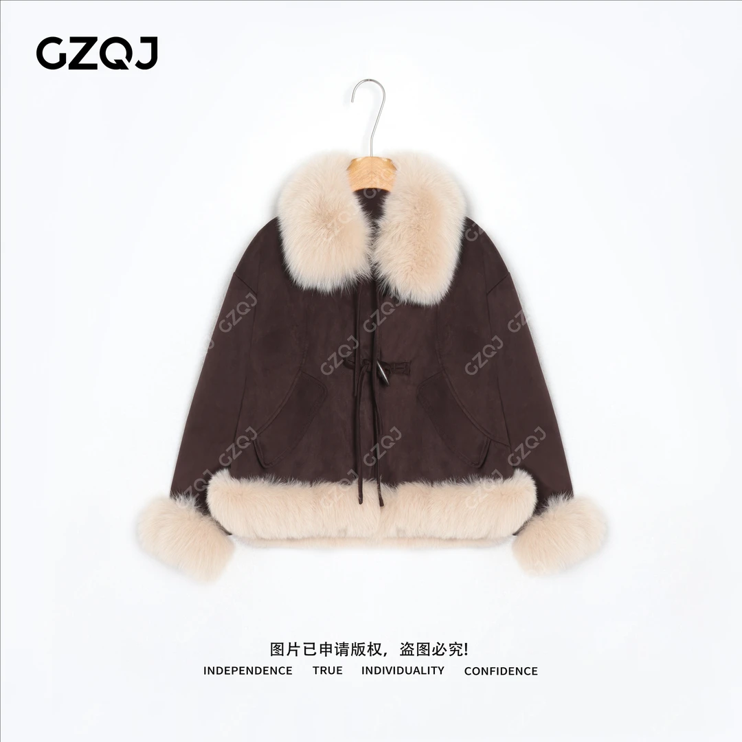 老琴私服【万人迷】琥珀流光风贵气轻奢拼接狐狸毛鹅绒外套女 35006