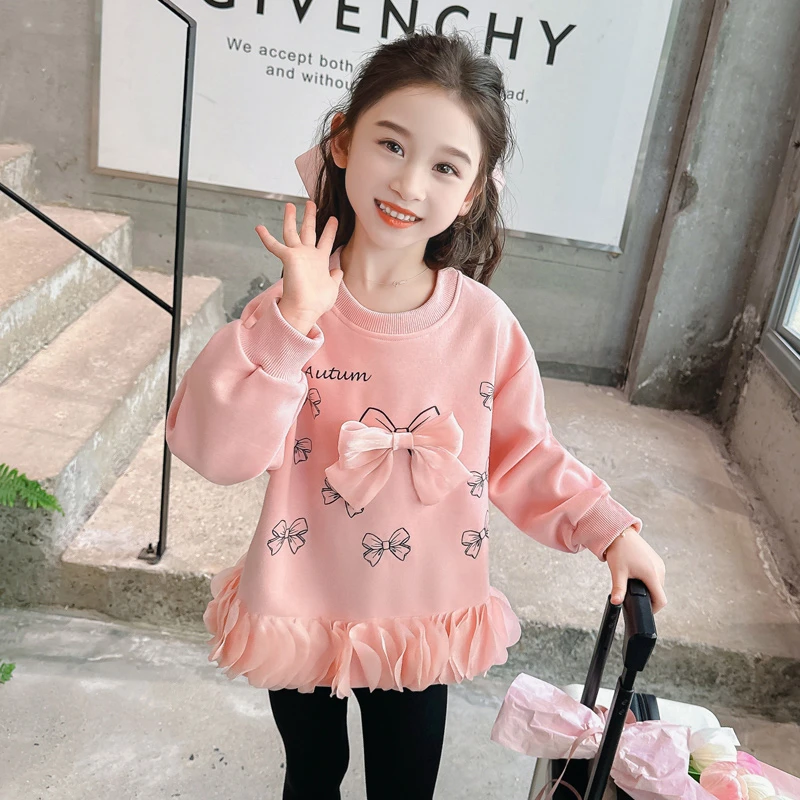 女童蝴蝶结花边卫衣秋季2025新款童装洋气休闲上衣女宝宝圆领绒衫