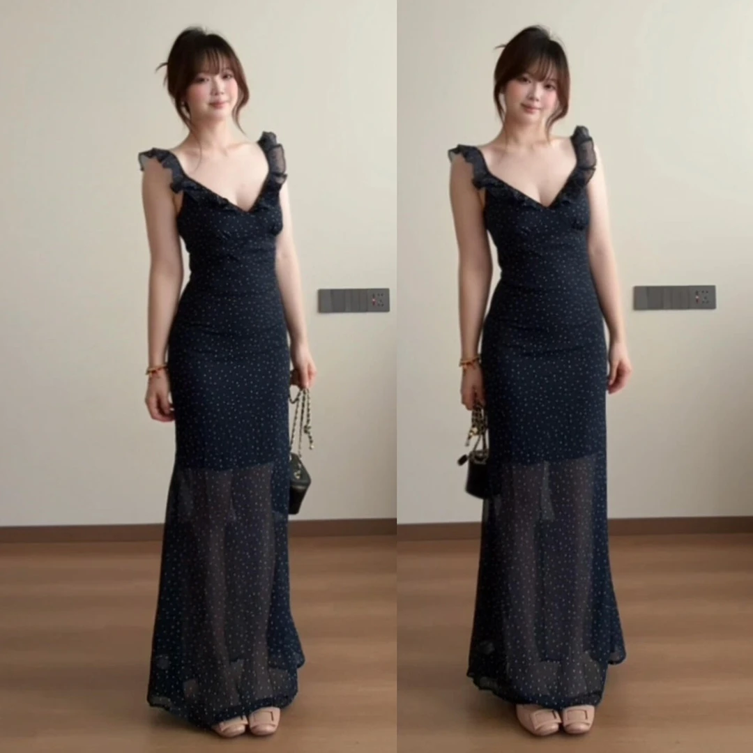 2025新款法式荷叶边小飞袖碎花连衣裙子女夏季气质高级感收腰长裙